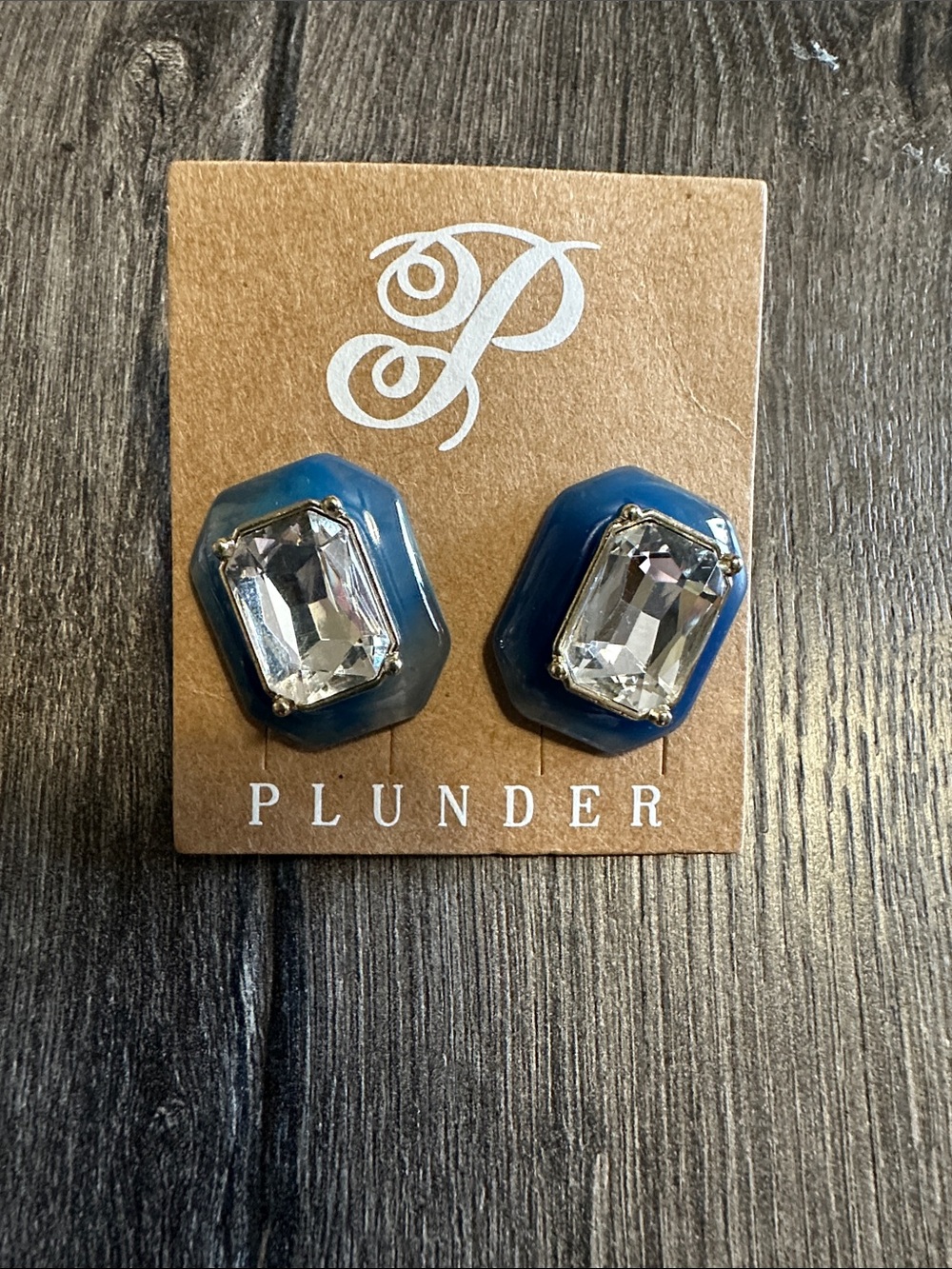 Plunder Navy Blue Resin Earrings with Clear Crystals